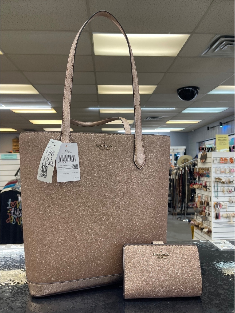 Kate Spade New York Rose Gold Glitter Tote Bag and Wallet Set